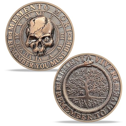 Memento Mori Memento Vivere Coin – 3D Skull Stoic Reminder Token with Tree of Life & Ouroboros, Zinc Alloy Challenge Coin for Daily Inspiration