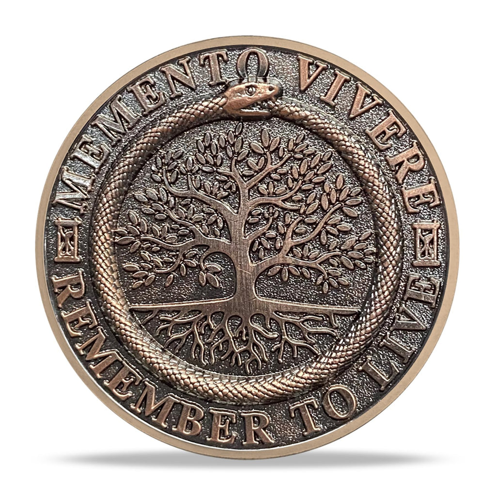 Memento Mori Memento Vivere Coin – 3D Skull Stoic Reminder Token with Tree of Life & Ouroboros, Zinc Alloy Challenge Coin for Daily Inspiration