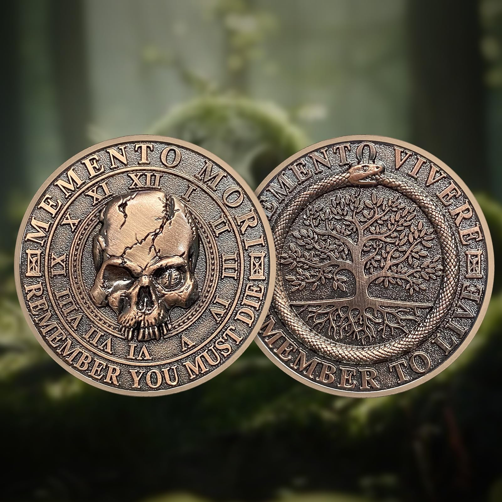 Memento Mori Memento Vivere Coin – 3D Skull Stoic Reminder Token with Tree of Life & Ouroboros, Zinc Alloy Challenge Coin for Daily Inspiration