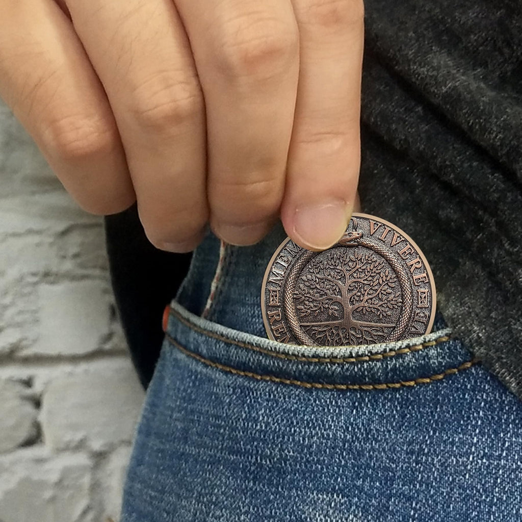 Memento Mori Memento Vivere Coin – 3D Skull Stoic Reminder Token with Tree of Life & Ouroboros, Zinc Alloy Challenge Coin for Daily Inspiration