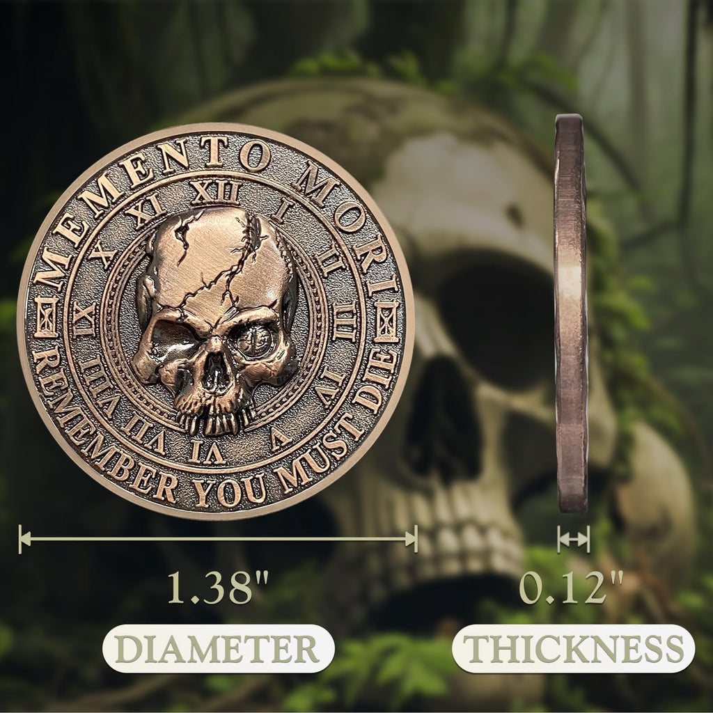 Memento Mori Memento Vivere Coin – 3D Skull Stoic Reminder Token with Tree of Life & Ouroboros, Zinc Alloy Challenge Coin for Daily Inspiration