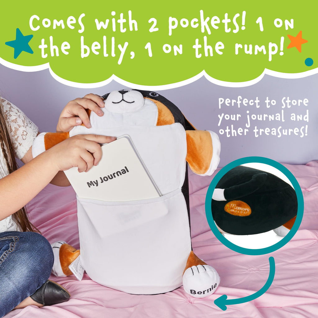 MEMORY MATES Bernie the Bernese Dog Memory Foam Pillow Plush – 15" Stuffed Animal with Hidden Journal Pocket