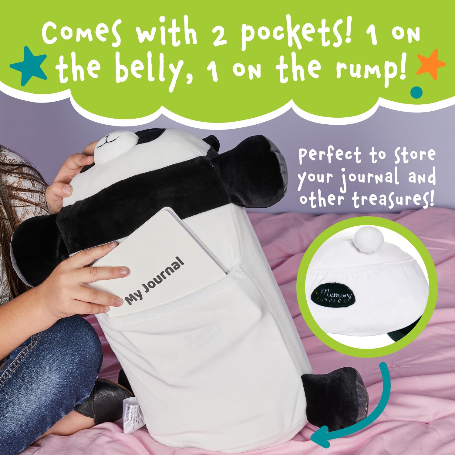 MEMORY MATES Booski the Panda – 15-Inch Memory Foam Plush with Hidden Journal Pocket