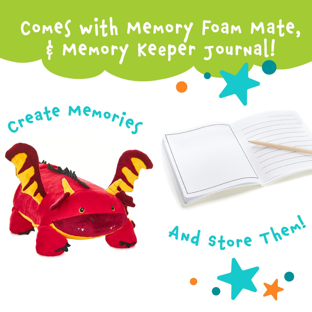 Memory Mates Jax the Red Dragon – 15" Memory Foam Plush Pillow with Diary Pocket