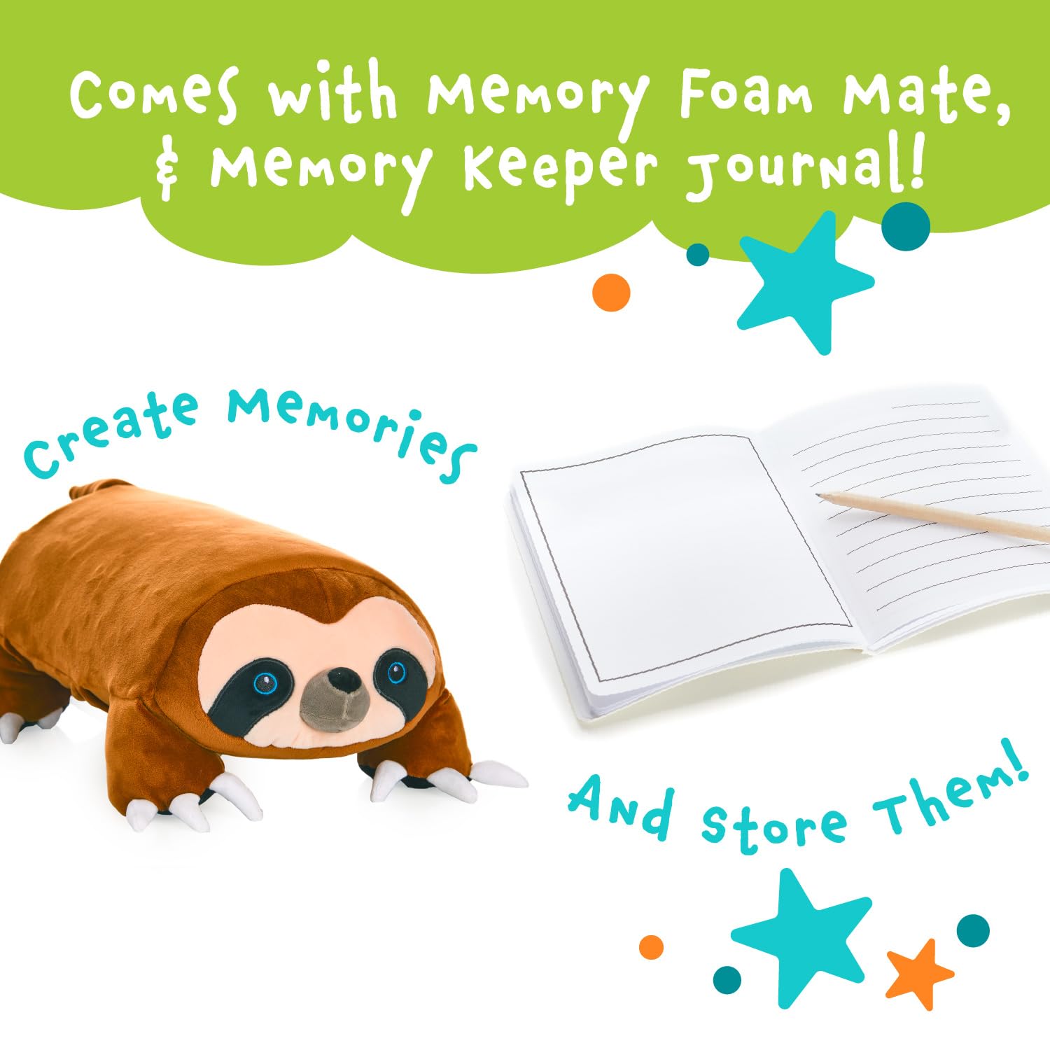 MEMORY MATES Lynn the Sloth Memory Foam Pillow Plush with Diary and Storage Pockets, 15-Inch Stuffed Animal