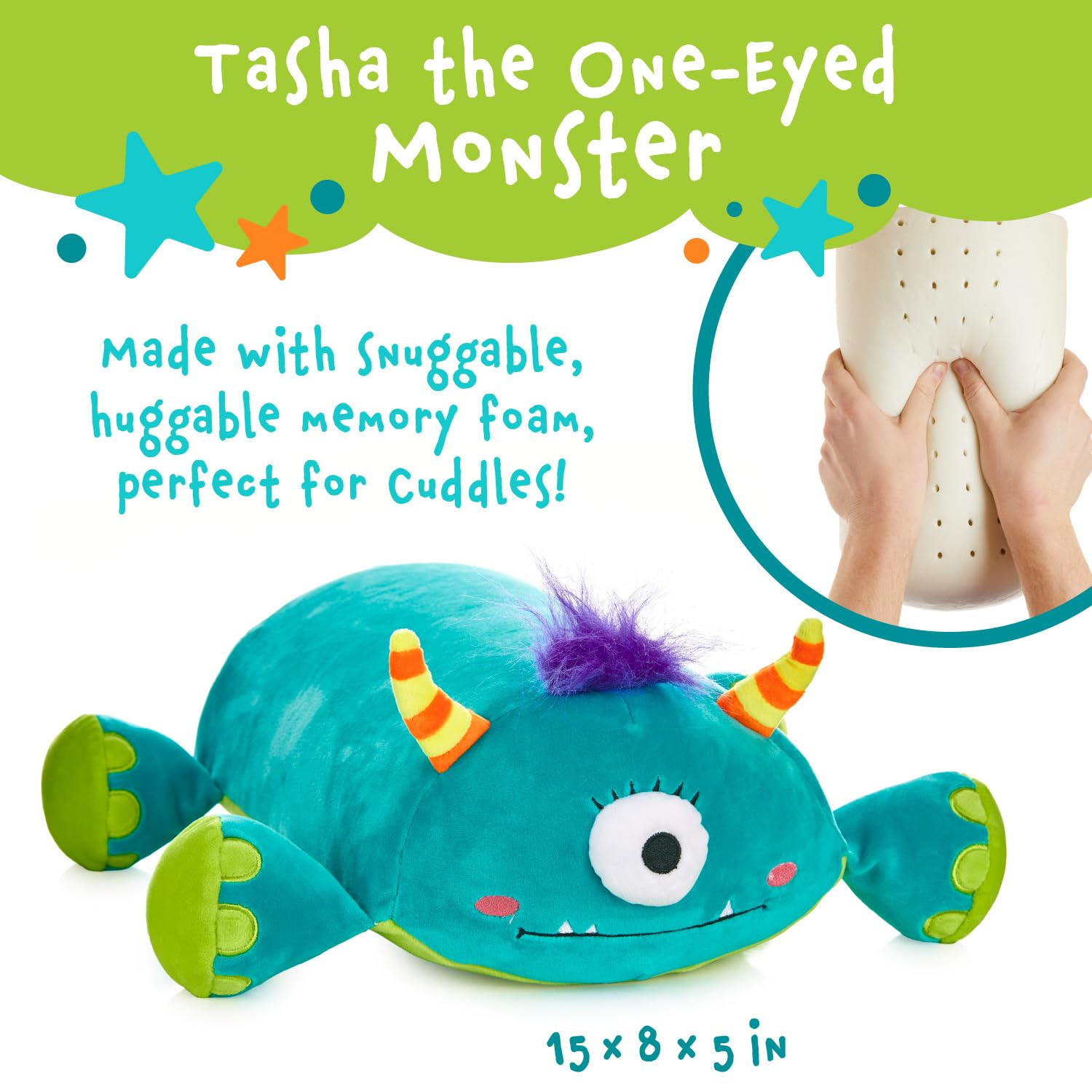 MEMORY MATES Tata the One-Eyed Monster: 15-Inch Memory Foam Pillow Plush with Hidden Diary Pocket