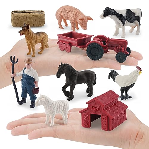 MEMOVAN 10-Piece Mini Farm Toy Set with Tractor, Barn, Animals & Farmer - Cake Toppers & Imaginative Play