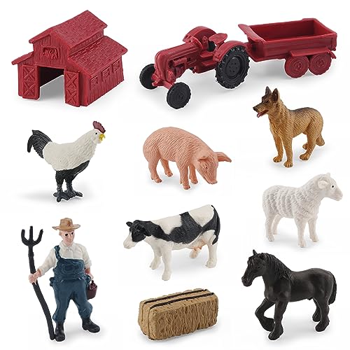 MEMOVAN 10-Piece Mini Farm Toy Set with Tractor, Barn, Animals & Farmer - Cake Toppers & Imaginative Play
