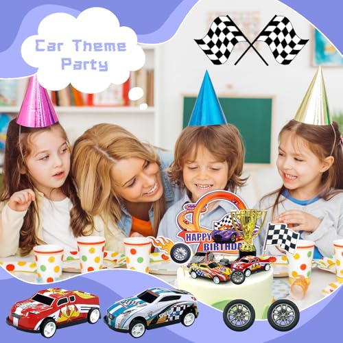 MEMOVAN 24-Piece Race Car Cake Toppers Set with Checkered Flags and Trophy for Racing Birthday Party