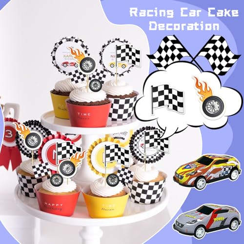 MEMOVAN 24-Piece Race Car Cake Toppers Set with Checkered Flags and Trophy for Racing Birthday Party