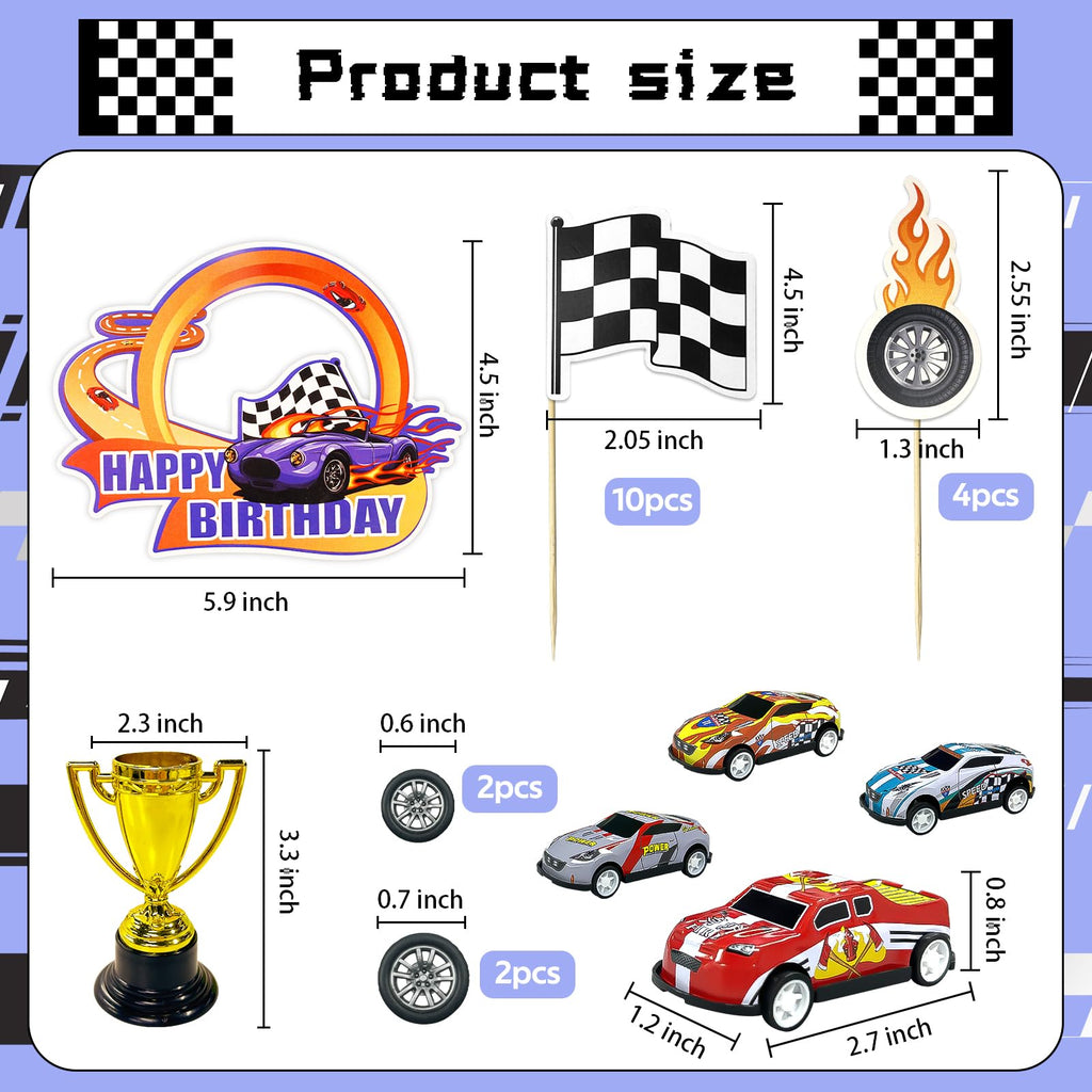MEMOVAN 24-Piece Race Car Cake Toppers Set with Checkered Flags and Trophy for Racing Birthday Party