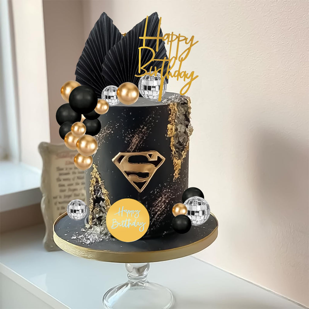 MEMOVAN 25-Piece Black Gold Boho Cake Topper Set - Palm Leaves, Disco Balls & Cupcake Picks for Men's Birthday, Baby Shower, Wedding
