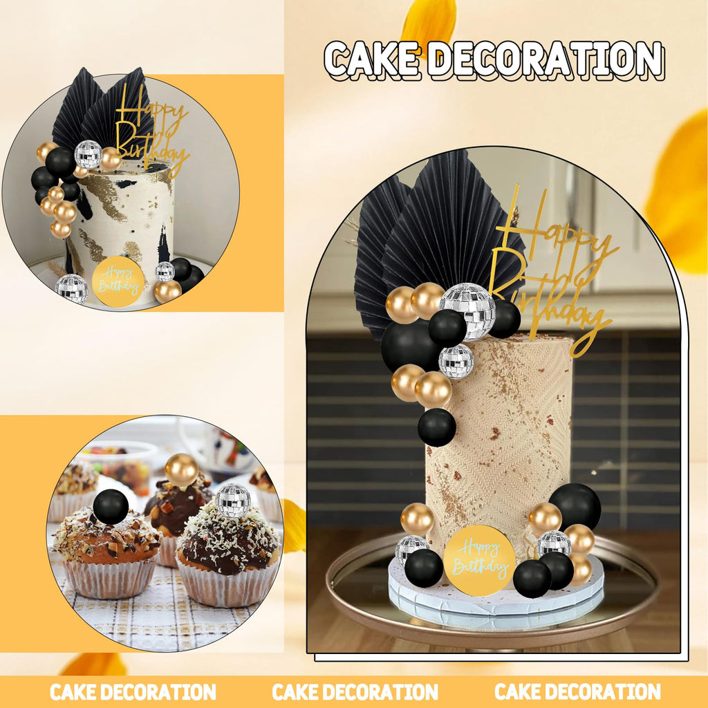 MEMOVAN 25-Piece Black Gold Boho Cake Topper Set - Palm Leaves, Disco Balls & Cupcake Picks for Men's Birthday, Baby Shower, Wedding