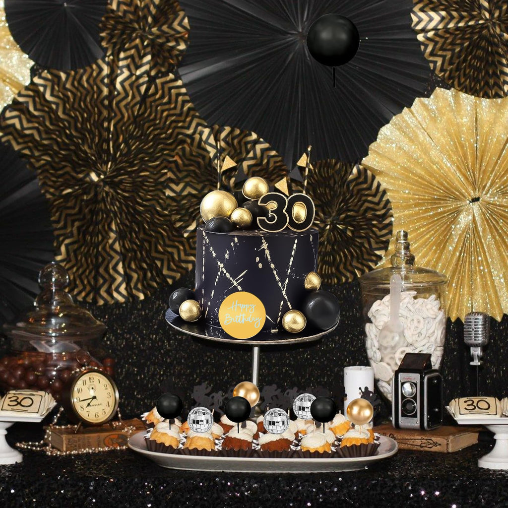 MEMOVAN 25-Piece Black Gold Boho Cake Topper Set - Palm Leaves, Disco Balls & Cupcake Picks for Men's Birthday, Baby Shower, Wedding