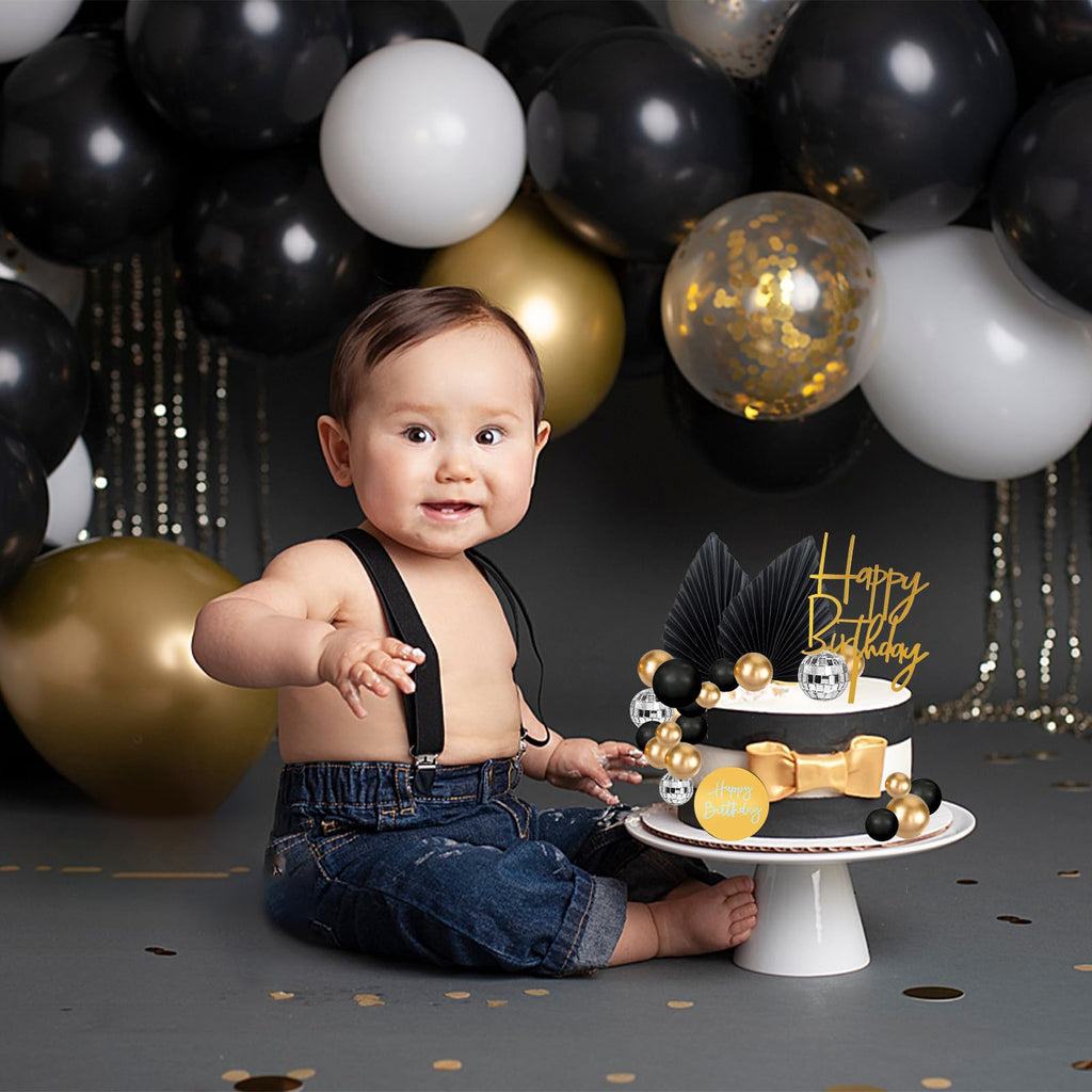 MEMOVAN 25-Piece Black Gold Boho Cake Topper Set - Palm Leaves, Disco Balls & Cupcake Picks for Men's Birthday, Baby Shower, Wedding