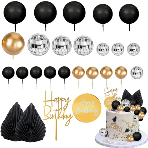 MEMOVAN 25-Piece Black Gold Boho Cake Topper Set - Palm Leaves, Disco Balls & Cupcake Picks for Men's Birthday, Baby Shower, Wedding