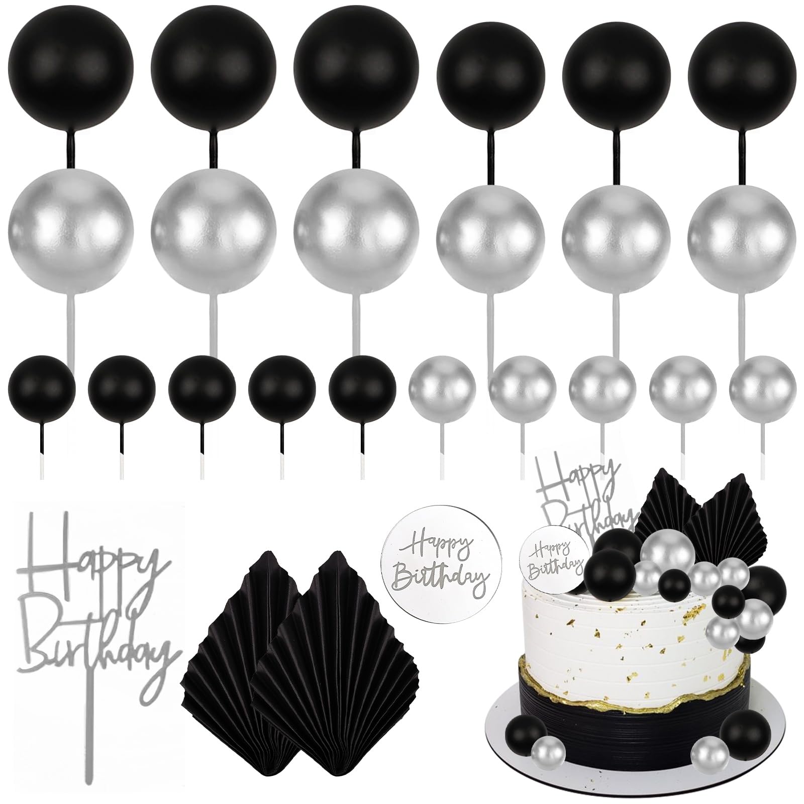 MEMOVAN 26-Piece Black Boho Cake Topper Set with Palm Leaves and Silver Balls for Birthday, Wedding, Baby Shower