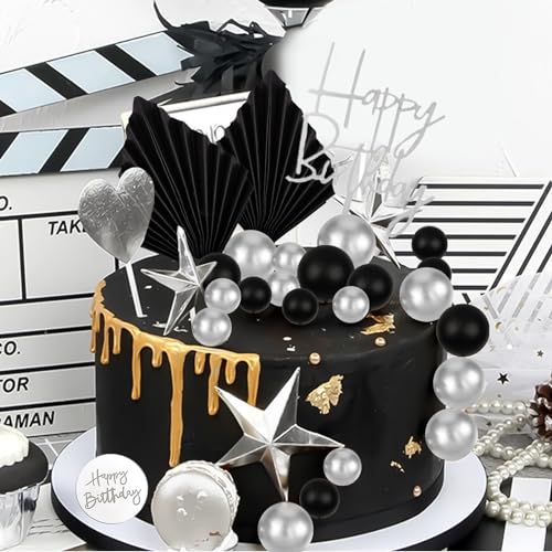 MEMOVAN 26-Piece Black Boho Cake Topper Set with Palm Leaves and Silver Balls for Birthday, Wedding, Baby Shower