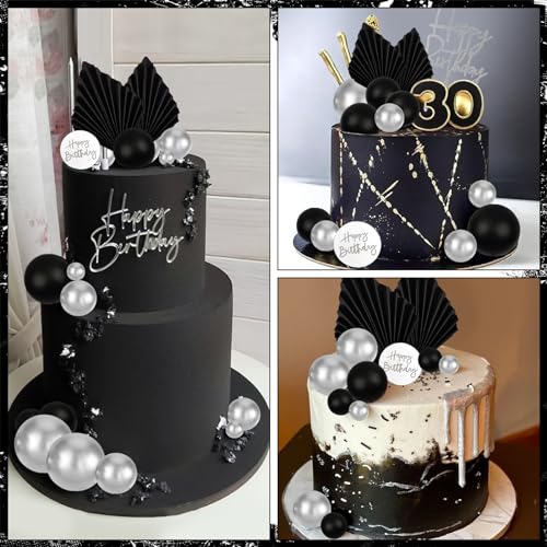 MEMOVAN 26-Piece Black Boho Cake Topper Set with Palm Leaves and Silver Balls for Birthday, Wedding, Baby Shower