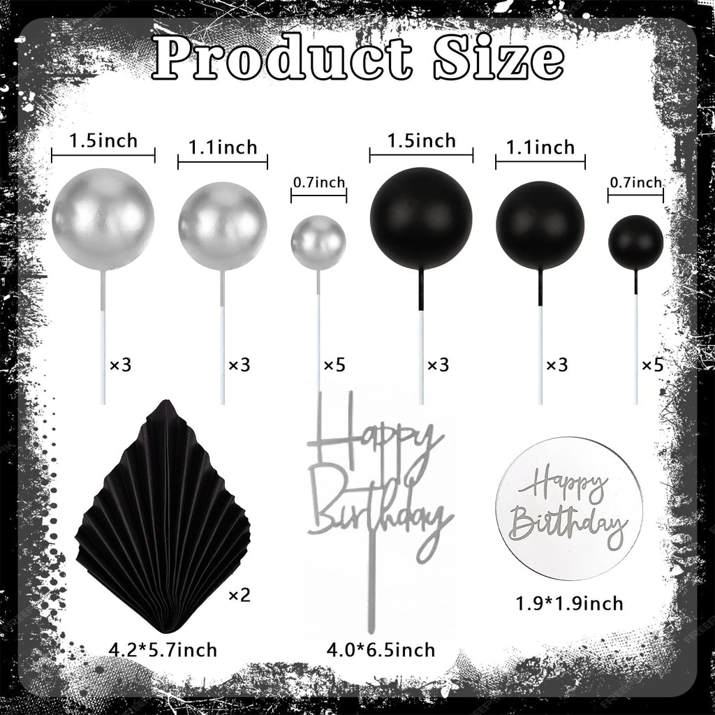 MEMOVAN 26-Piece Black Boho Cake Topper Set with Palm Leaves and Silver Balls for Birthday, Wedding, Baby Shower