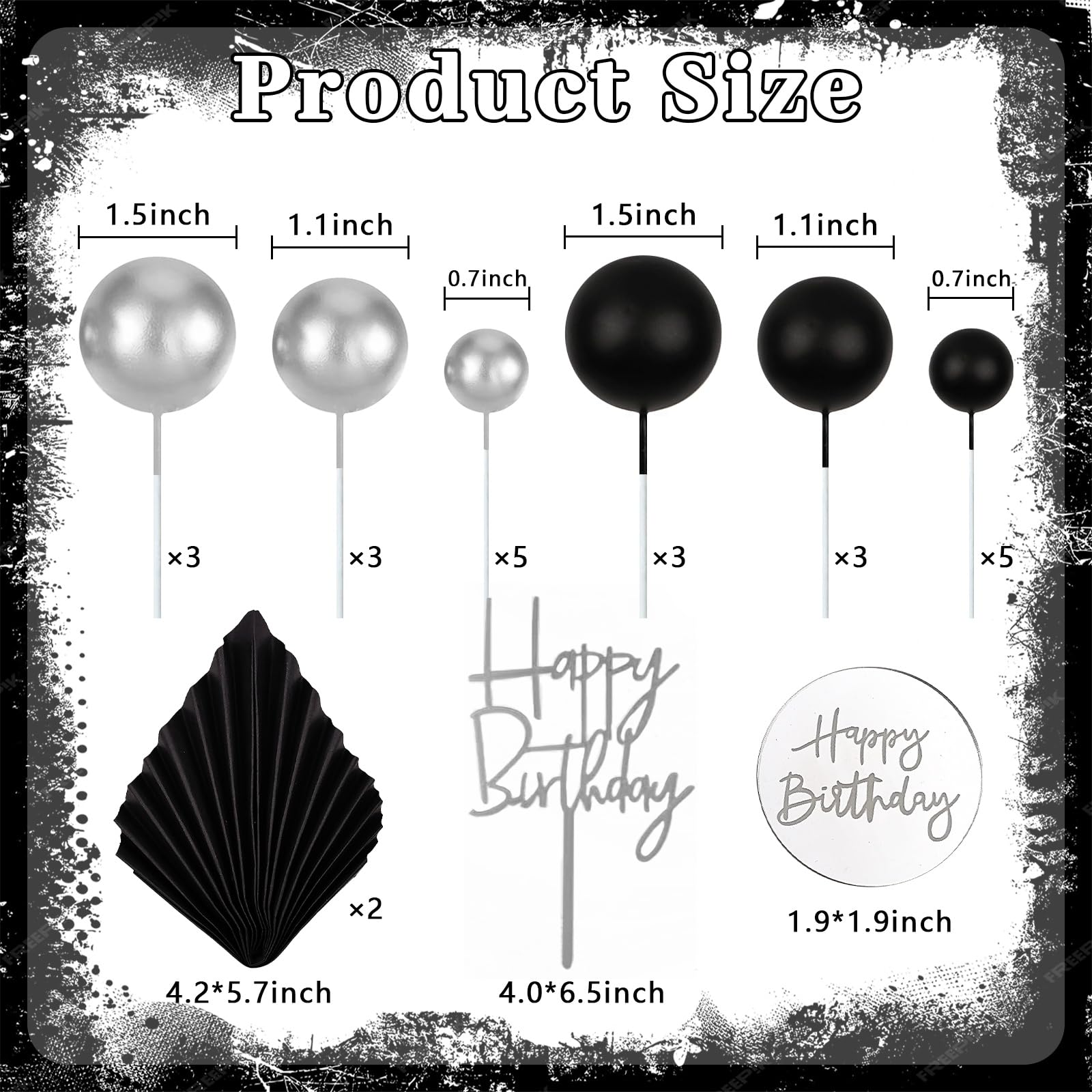 MEMOVAN 26-Piece Black Boho Cake Topper Set with Palm Leaves and Silver Balls for Birthday, Wedding, Baby Shower