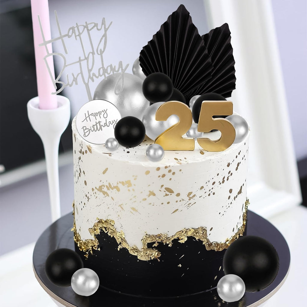 MEMOVAN 26-Piece Black Boho Cake Topper Set with Palm Leaves and Silver Balls for Birthday, Wedding, Baby Shower