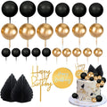 MEMOVAN 26pcs Black Gold Boho Cake Topper Set with Palm Leaves and Balls for Bohemian Birthday Wedding Baby Shower