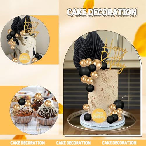 MEMOVAN 26pcs Black Gold Boho Cake Topper Set with Palm Leaves and Balls for Bohemian Birthday Wedding Baby Shower