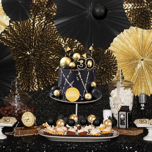 MEMOVAN 26pcs Black Gold Boho Cake Topper Set with Palm Leaves and Balls for Bohemian Birthday Wedding Baby Shower