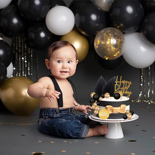 MEMOVAN 26pcs Black Gold Boho Cake Topper Set with Palm Leaves and Balls for Bohemian Birthday Wedding Baby Shower