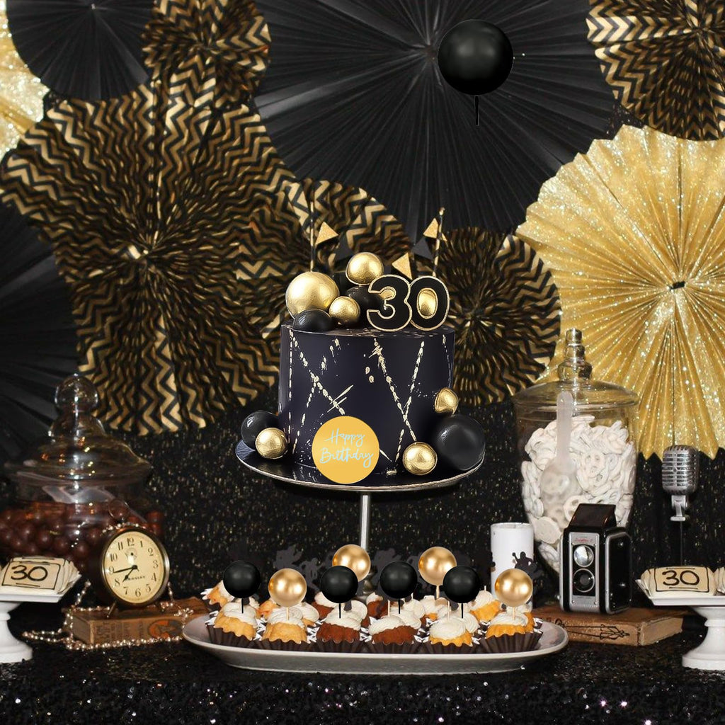 MEMOVAN 26pcs Black Gold Boho Cake Topper Set with Palm Leaves and Balls for Bohemian Birthday Wedding Baby Shower