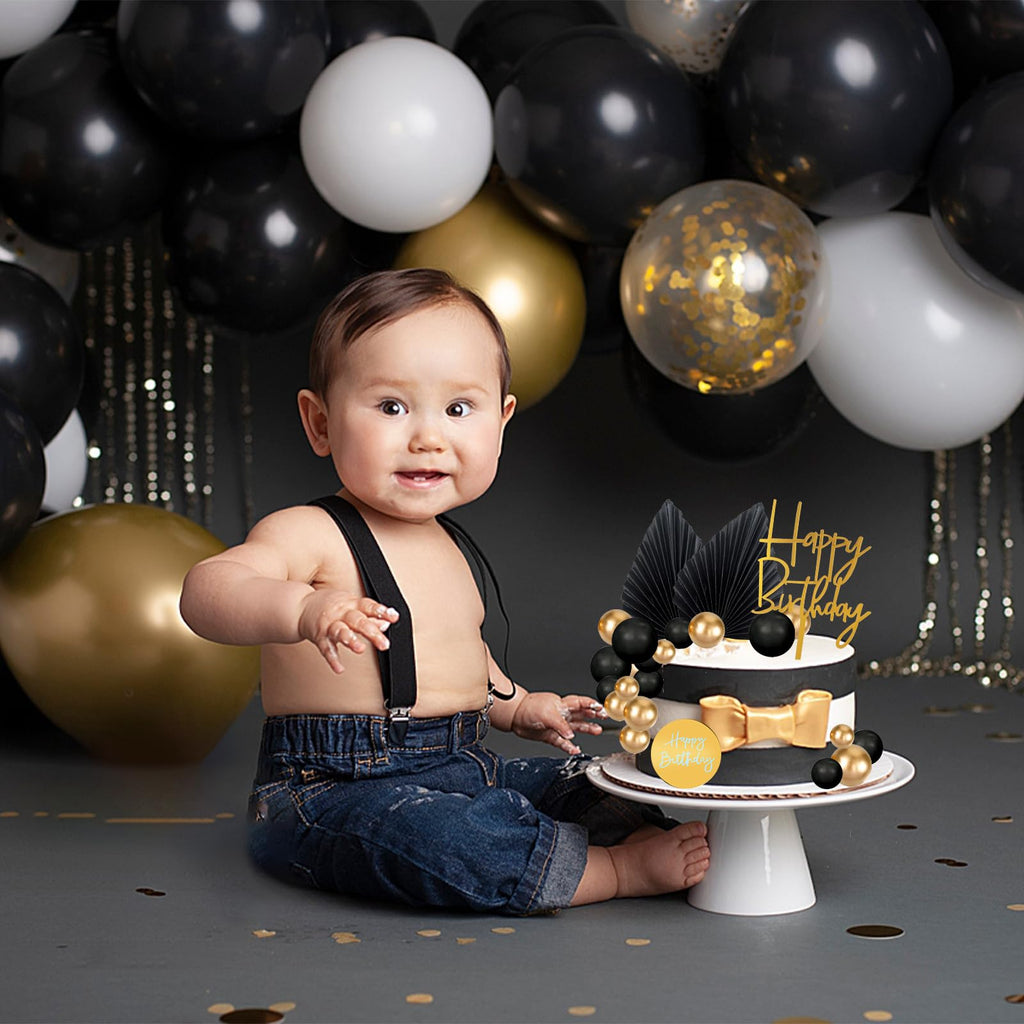 MEMOVAN 26pcs Black Gold Boho Cake Topper Set with Palm Leaves and Balls for Bohemian Birthday Wedding Baby Shower