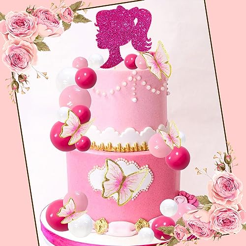 MEMOVAN 27-Piece Hot Pink Girl Cake Toppers Set – Butterfly, Ball & Princess Theme for Birthday, Baby Shower, Wedding