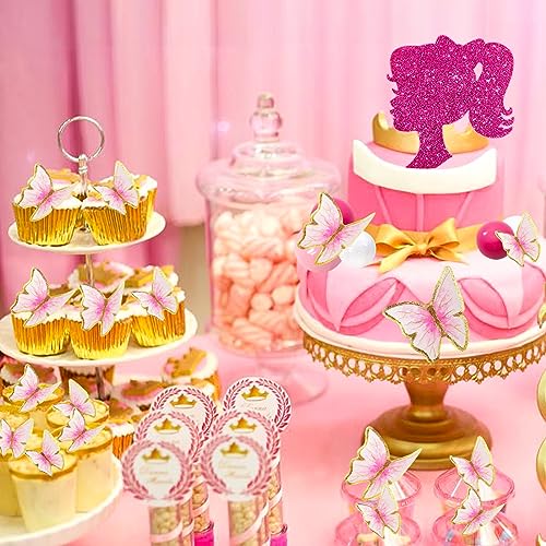 MEMOVAN 27-Piece Hot Pink Girl Cake Toppers Set – Butterfly, Ball & Princess Theme for Birthday, Baby Shower, Wedding
