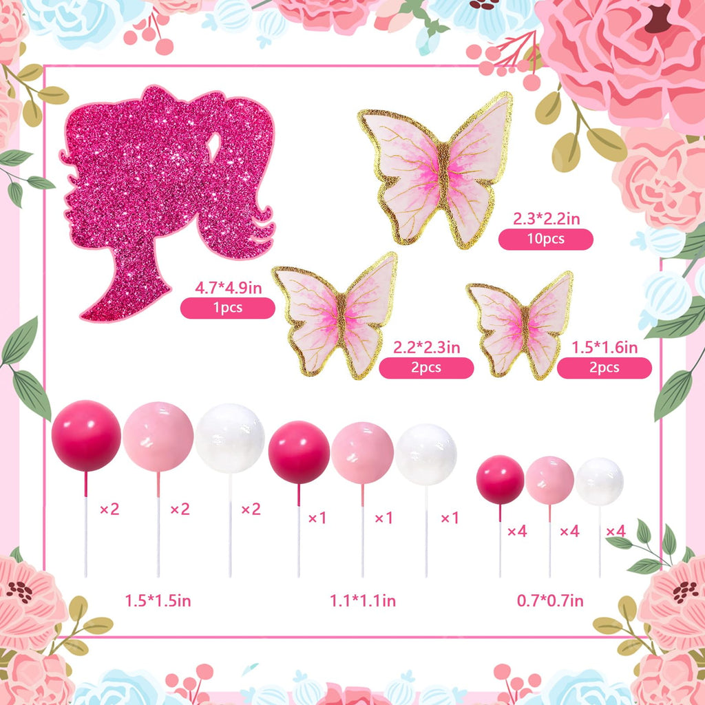 MEMOVAN 27-Piece Hot Pink Girl Cake Toppers Set – Butterfly, Ball & Princess Theme for Birthday, Baby Shower, Wedding