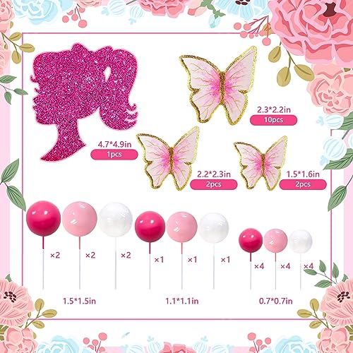 MEMOVAN 27-Piece Hot Pink Girl Cake Toppers Set – Butterfly, Ball & Princess Theme for Birthday, Baby Shower, Wedding