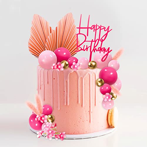 MEMOVAN 29-Piece Boho Hot Pink Gold Cake Topper Set with Palm Leaves and Flowers for Birthday, Baby Shower, Wedding