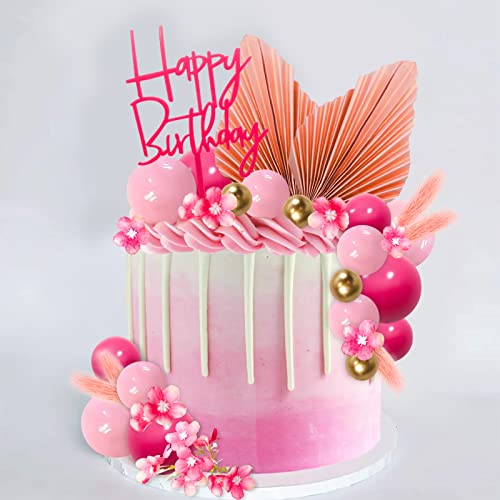 MEMOVAN 29-Piece Boho Hot Pink Gold Cake Topper Set with Palm Leaves and Flowers for Birthday, Baby Shower, Wedding