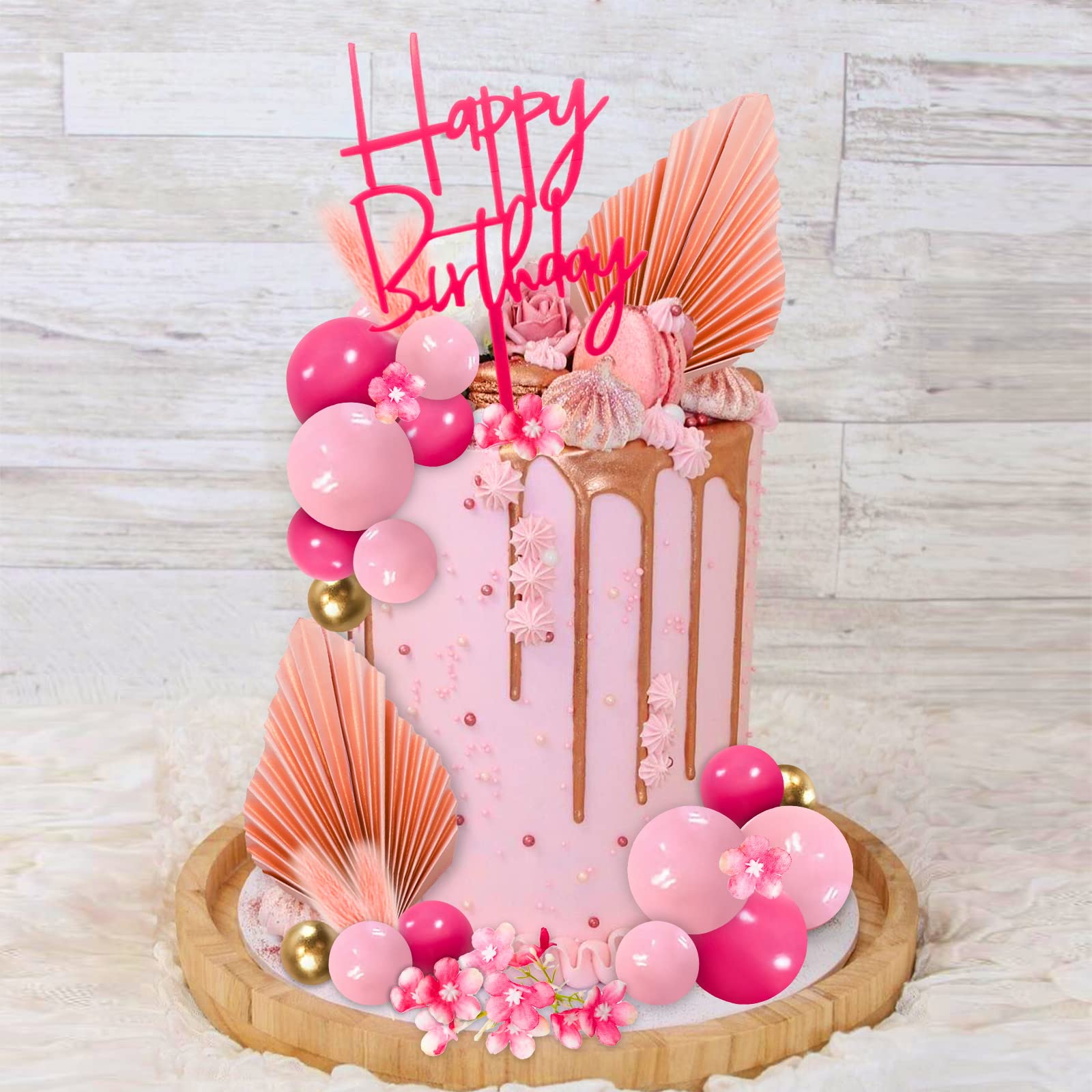 MEMOVAN 29-Piece Boho Hot Pink Gold Cake Topper Set with Palm Leaves and Flowers for Birthday, Baby Shower, Wedding
