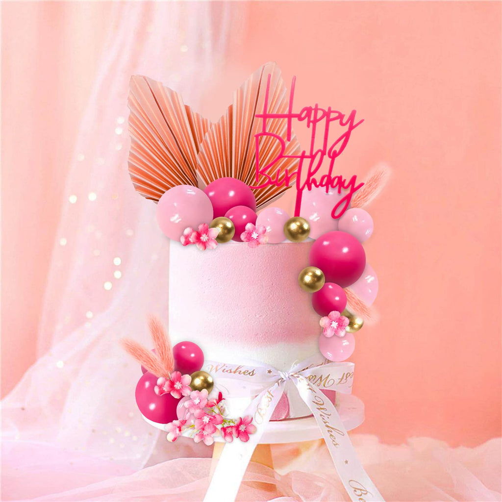 MEMOVAN 29-Piece Boho Hot Pink Gold Cake Topper Set with Palm Leaves and Flowers for Birthday, Baby Shower, Wedding