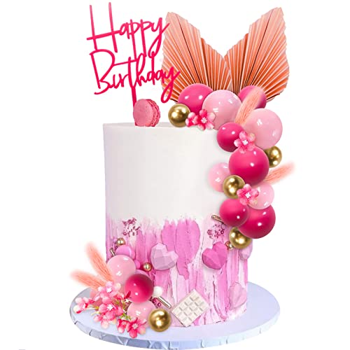 MEMOVAN 29-Piece Boho Hot Pink Gold Cake Topper Set with Palm Leaves and Flowers for Birthday, Baby Shower, Wedding