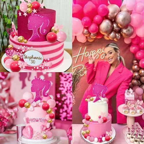 MEMOVAN 31-Piece Hot Pink Girl Cake Topper Set - Princess Makeup Theme with High Heels, Lipstick, Lips, Bows, and Glitter Balls