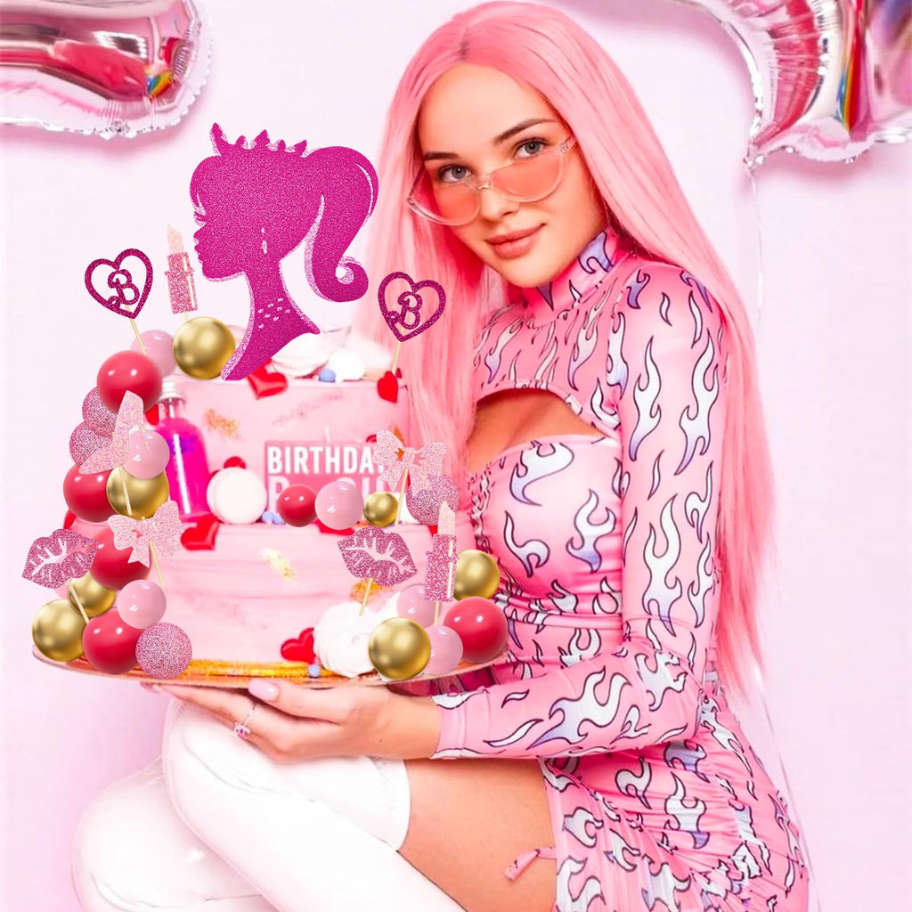 MEMOVAN 31-Piece Hot Pink Girl Cake Topper Set - Princess Makeup Theme with High Heels, Lipstick, Lips, Bows, and Glitter Balls