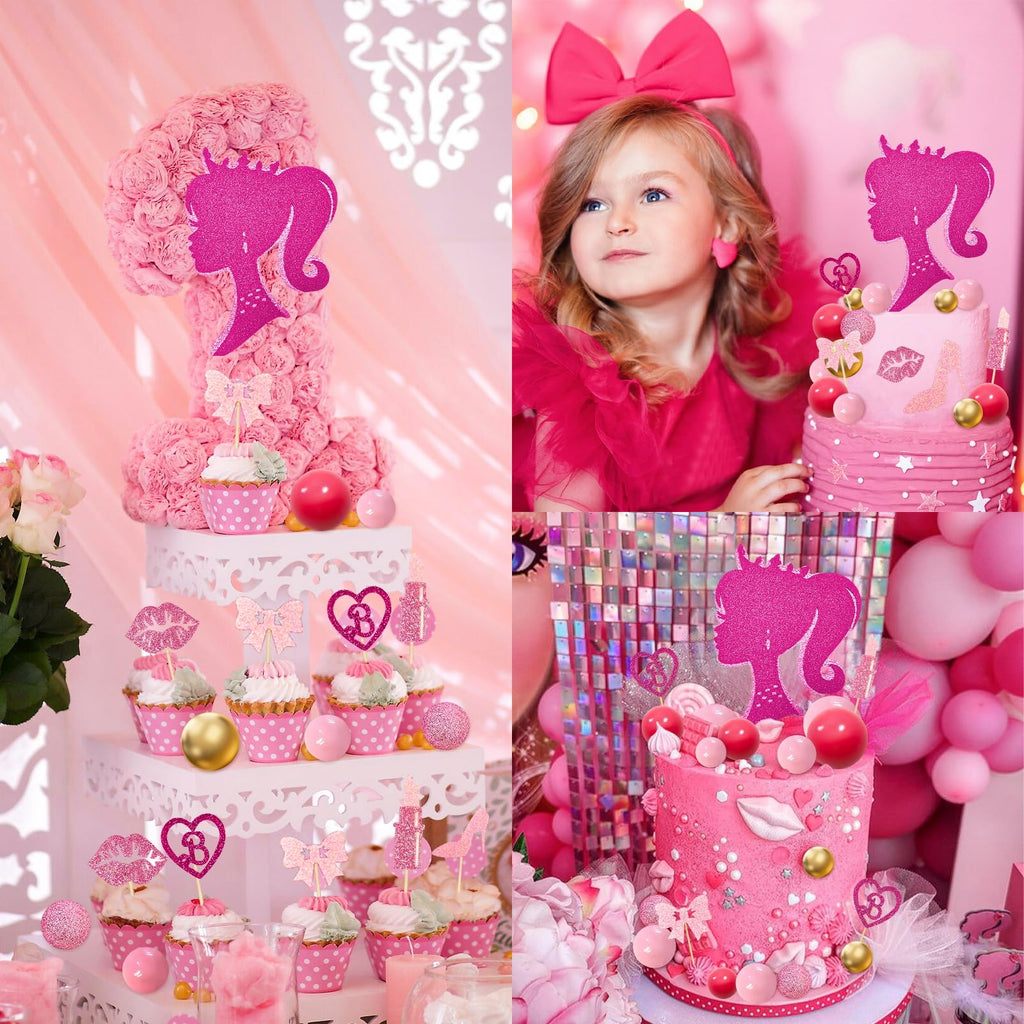 MEMOVAN 31-Piece Hot Pink Girl Cake Topper Set - Princess Makeup Theme with High Heels, Lipstick, Lips, Bows, and Glitter Balls
