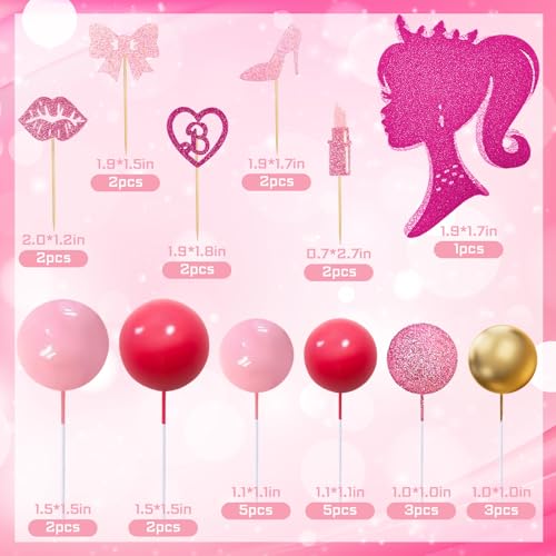 MEMOVAN 31-Piece Hot Pink Girl Cake Topper Set - Princess Makeup Theme with High Heels, Lipstick, Lips, Bows, and Glitter Balls