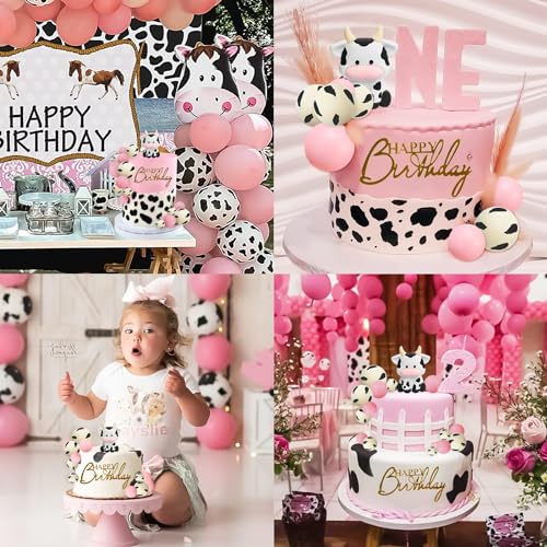 MEMOVAN Cow Cake Topper Set - 14-Piece Farm Theme Decorations with Cow Figurine and Ball Picks