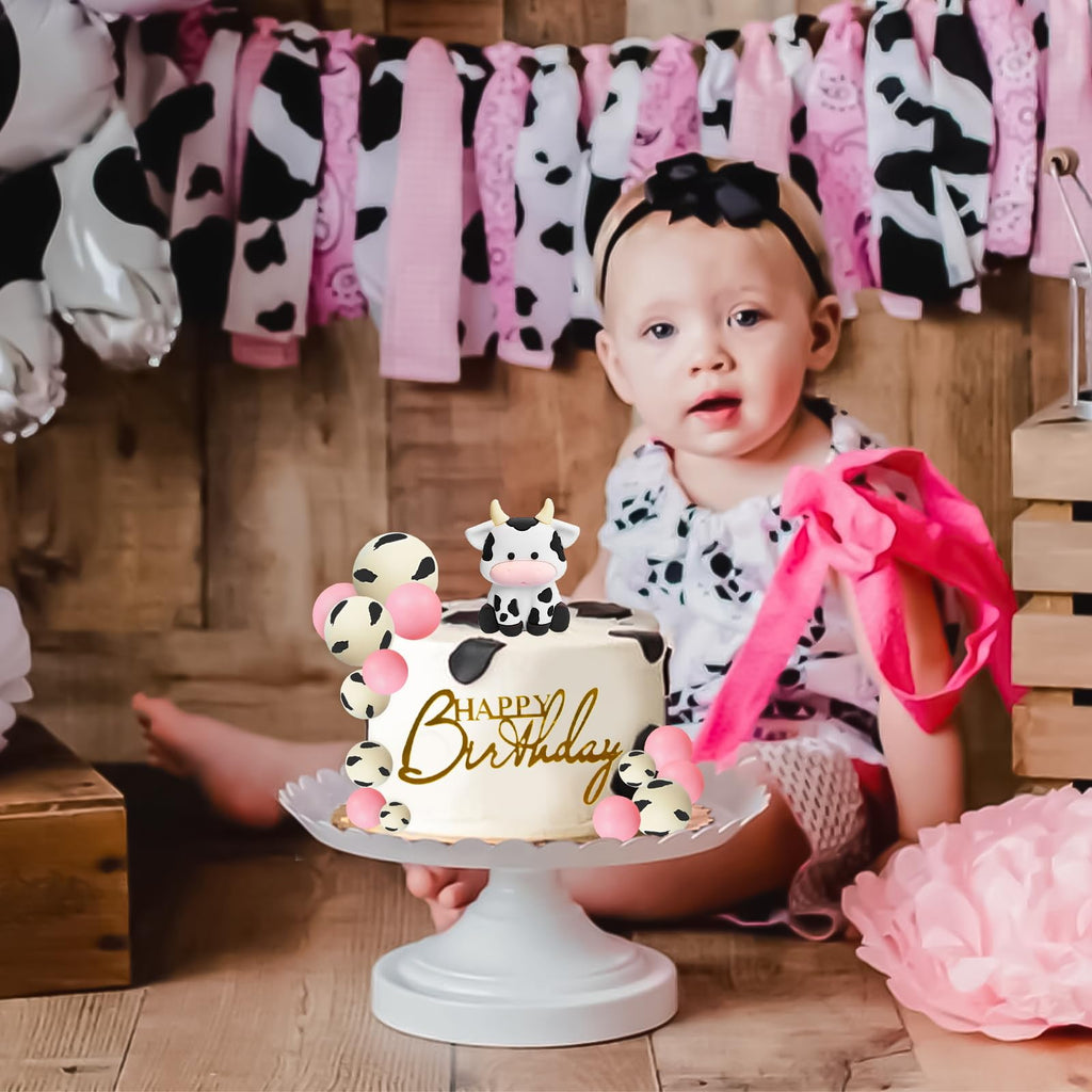 MEMOVAN Cow Cake Topper Set - 14-Piece Farm Theme Decorations with Cow Figurine and Ball Picks