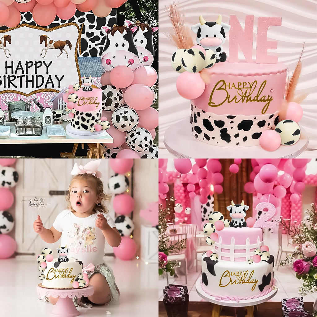 MEMOVAN Cow Cake Topper Set - 14-Piece Farm Theme Decorations with Cow Figurine and Ball Picks