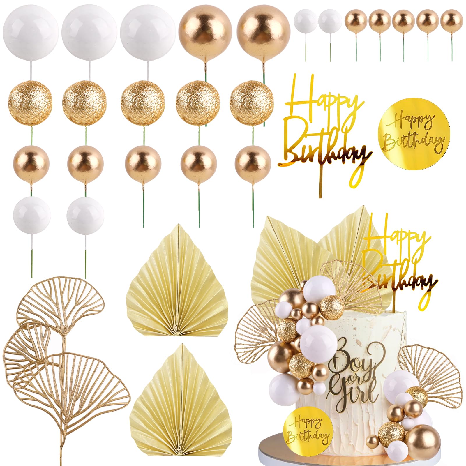 MEMOVAN White Gold Ball Cake Toppers with Palm Leaves - Boho Birthday Party Decorations