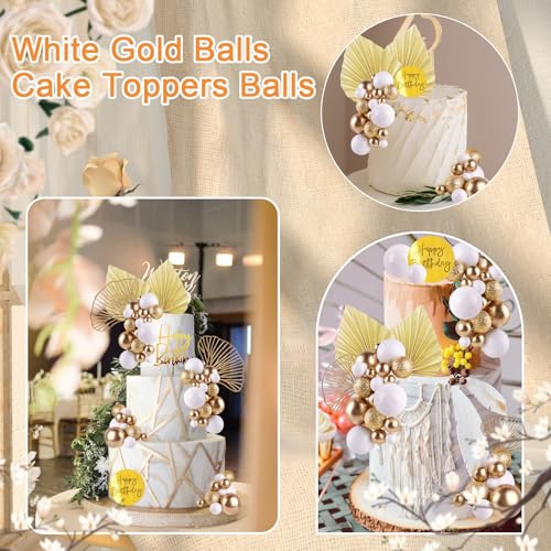 MEMOVAN White Gold Ball Cake Toppers with Palm Leaves - Boho Birthday Party Decorations